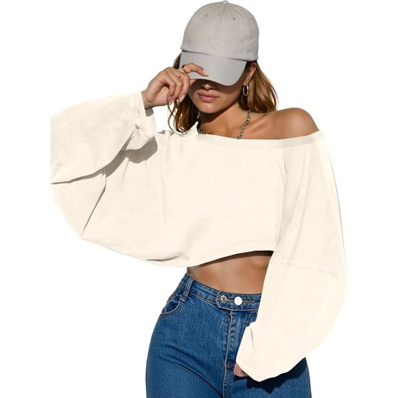 Women's Oversized Off Shoulder Cropped Sweatshirt Long Sleeve Casual Top - Picture 2 of 6